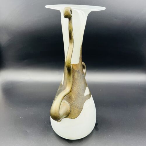 Filip Ravert Art Glass 10" Vase White Satin Frosted Bronze Handle Overlay Signed - Picture 4 of 13