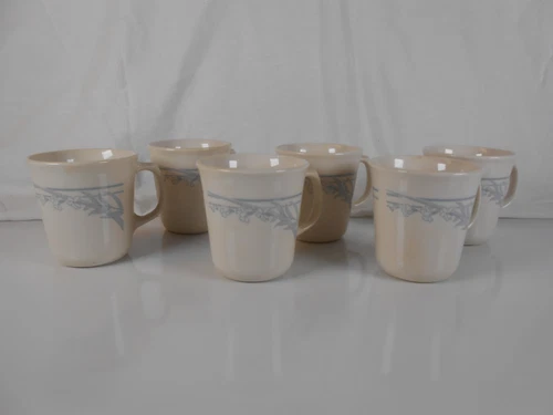 Corning Corelle Blue Lily Coffee Tea Mugs Cups Light Beige Base Lot of 6 Vintage