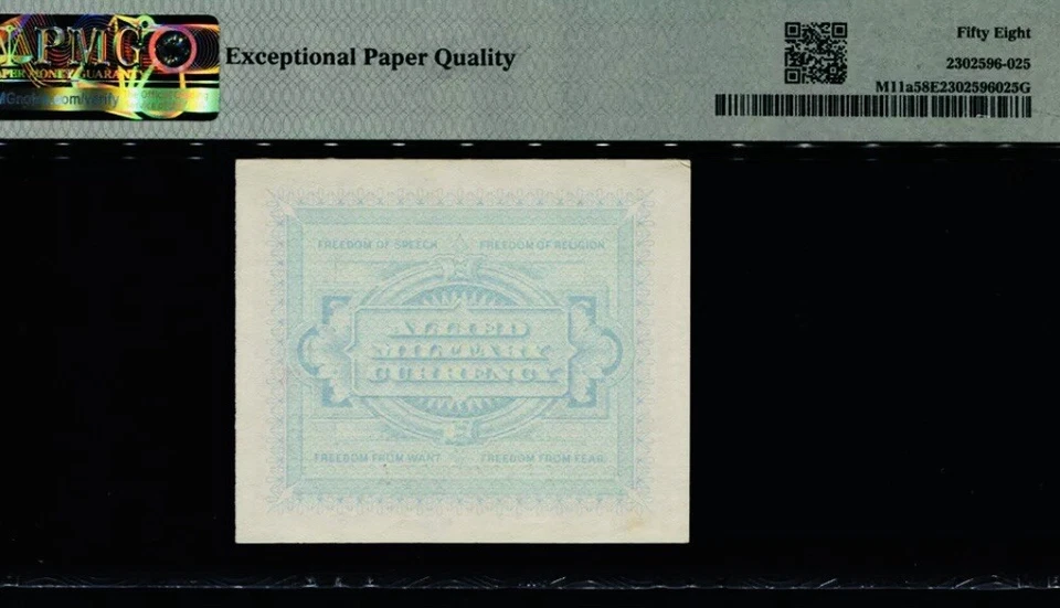 1943 ITALY ALLIED MILITARY CURRENCY 2 LIRE PMG 58 EPQ CHOICE AU PUCK#M11a - Image 2 of 2