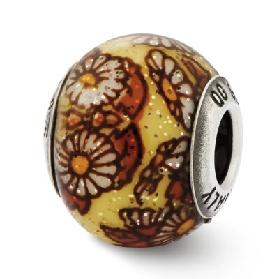 Yellow Floral Decorative Overlay Italian Glass Bead Silver Reflection Beads