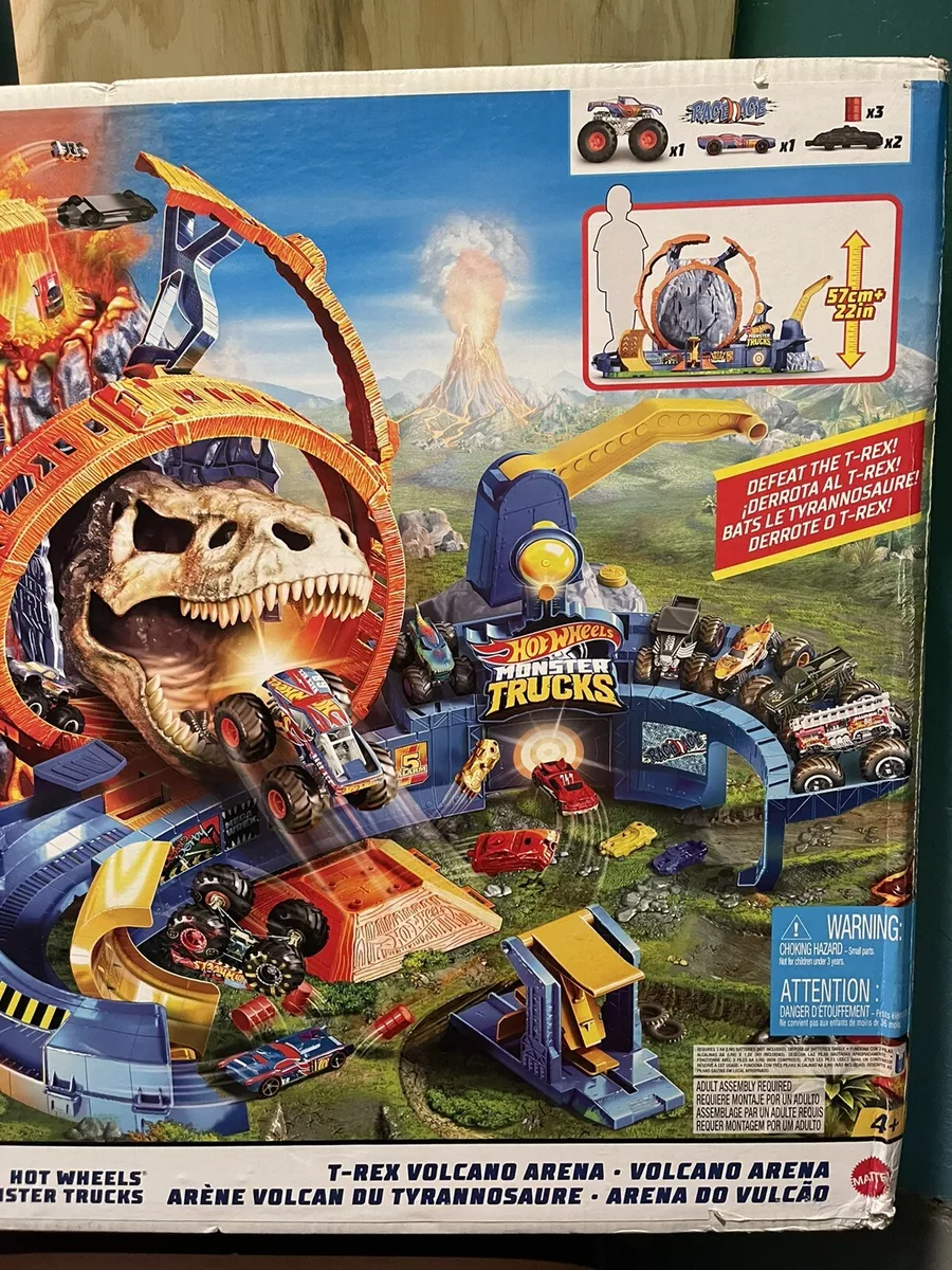 Hot Wheels Monster Truck T-Rex Volcano Arena Track Playset with Lights &  Sounds