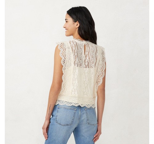 lc Lauren Conrad Womens Lace Layered Tank Blouse Shirt Top WL21W030RS L XL - Picture 3 of 12