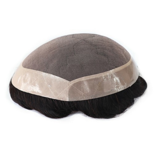 Mens Hair Replacement System Durable Fine Mono Toupee Indian Remy Hairpiece #1B - Picture 2 of 7