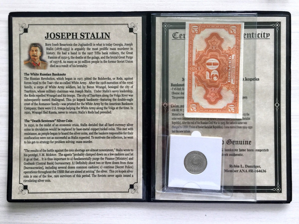 Joseph Stalin 50 Kopek Banknote 20 Kopek Coin SOA & History