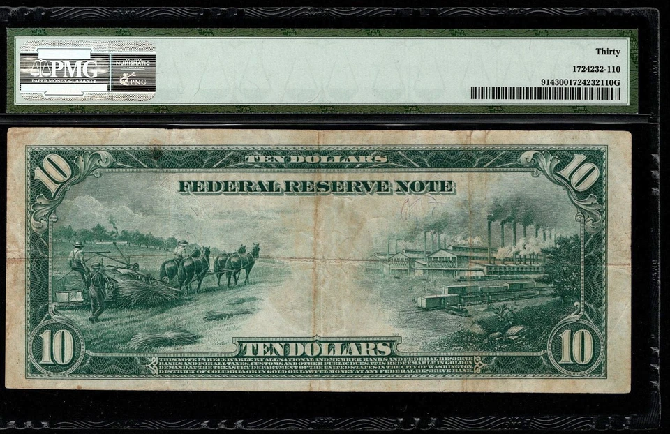 1914 $10 Federal Reserve Note Philadelphia Fr. 914 Burke/Houston PMG 30 (ADJ) - Image 2 of 3