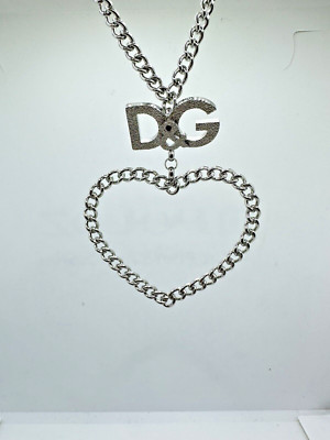 Women's D&G Dolce & Gabbana Steel Long Necklace with Heart Pendant and Logo