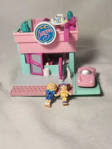 Vintage Polly Pocket 1994 Drive In Burger Restaurant W/ Dolls, Baloons, Car,