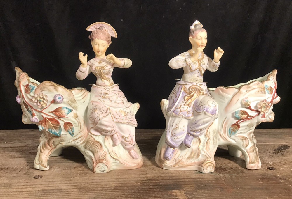 PAIR Antique Vtg Mid Century Asian Dancer Figurine NODDER Planters Chinoiserie