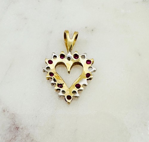 Estate 10K Multi-Tone Gold Ruby w/Diamond Accent Small Heart Pendant 19x13mm - Picture 12 of 13