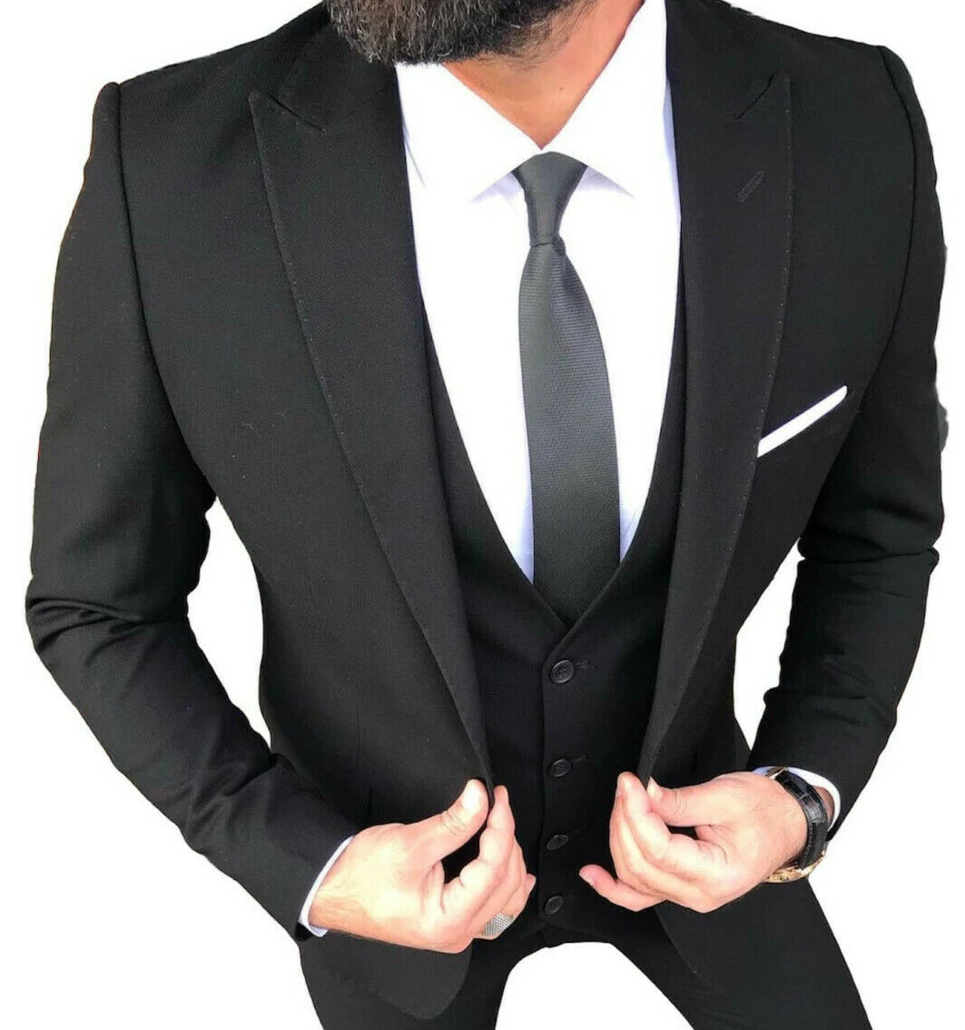 Designer Business Black Suit Jacket Vest Pants Fitted Slim Fit 48