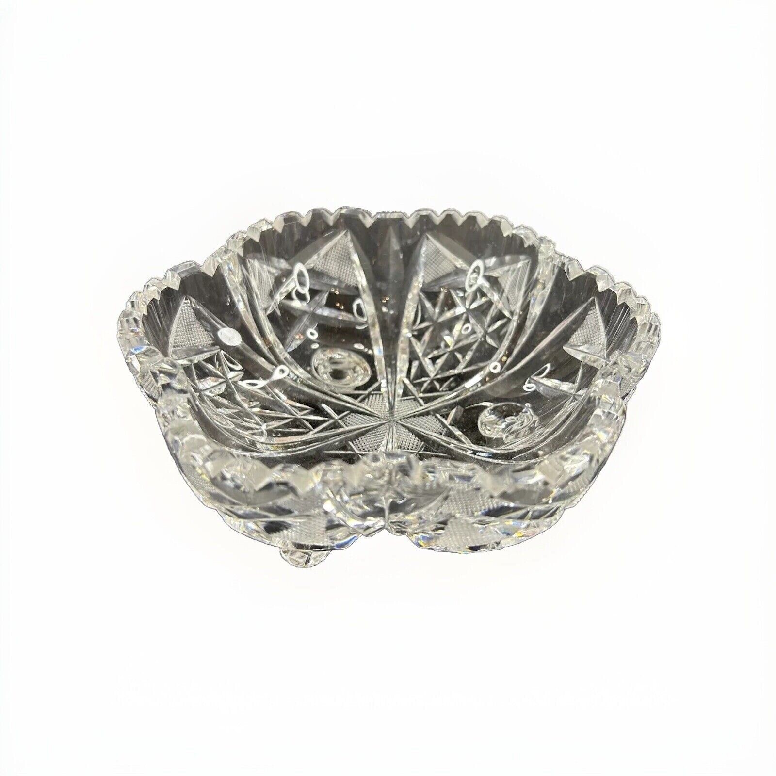 Elegant European Cut Crystal Nut Dish with Scalloped Edge & 3 Feet