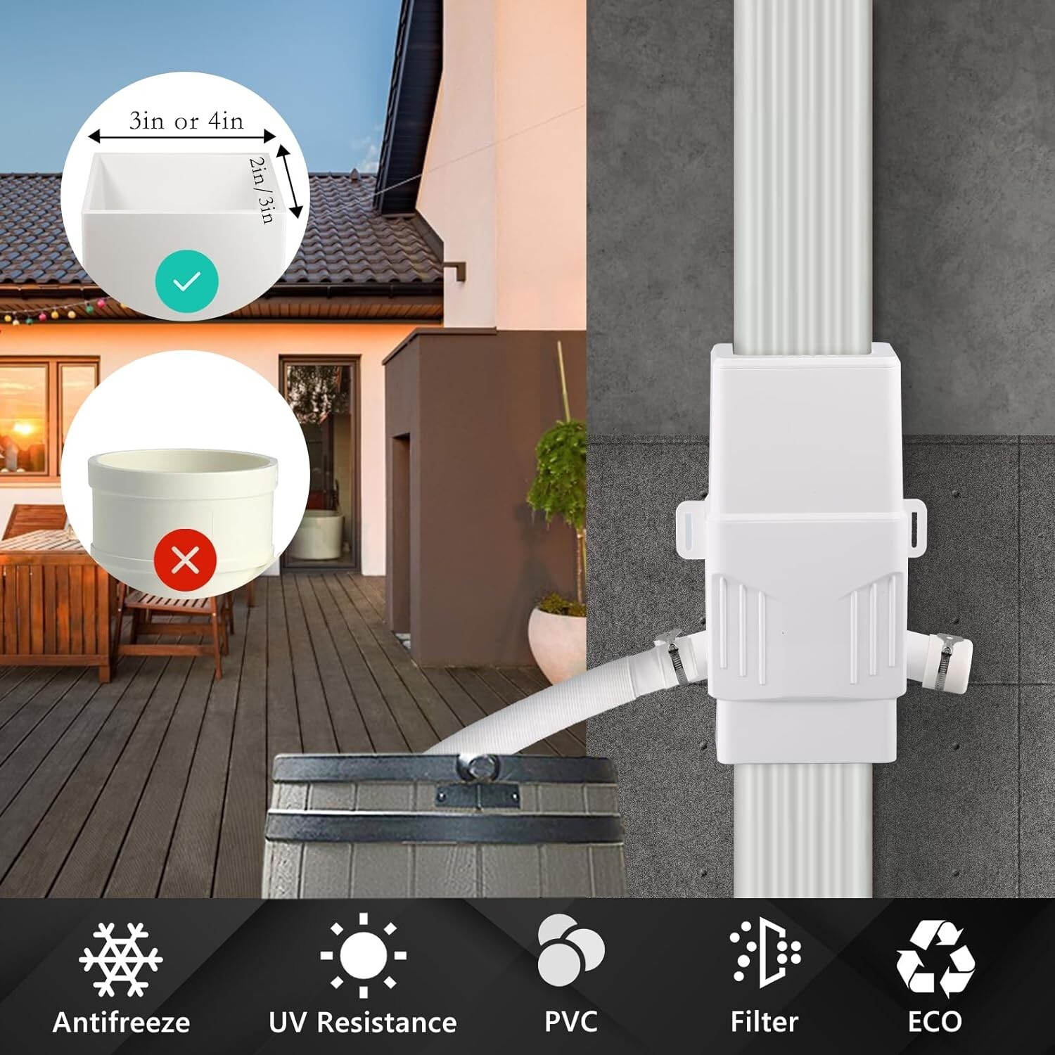 Rain Barrel Diverter Rainwater Collection System 3x4 and 2x3 Downspout