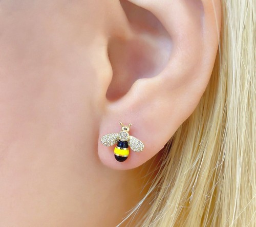 Diamond Yellow Black Enamel Bee Earrings 14K yellow Gold Stud 0.18CT Natural - Picture 2 of 2