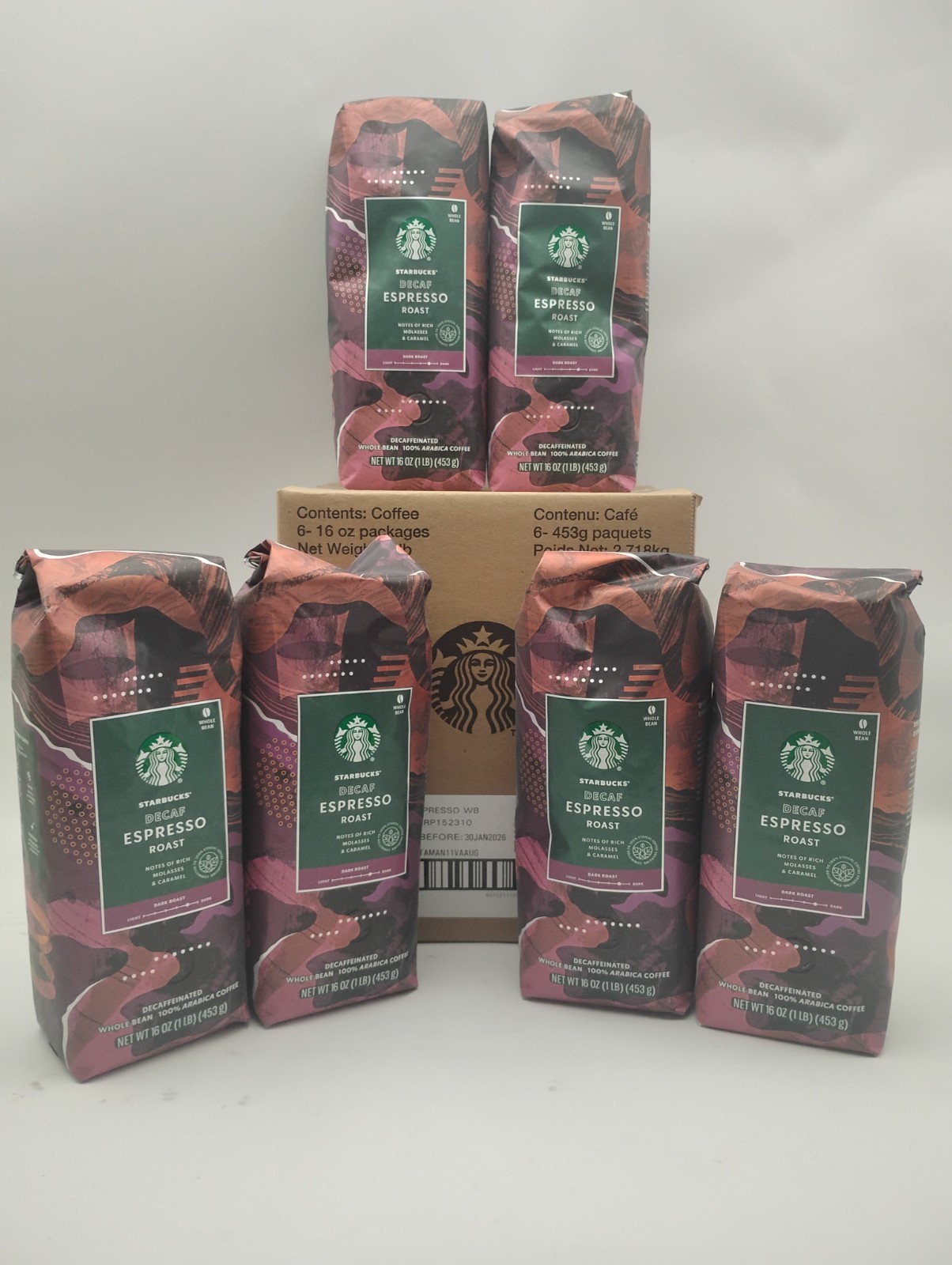 Starbucks Decaf Espresso Dark Roast Whole Bean Coffee  6-1lb / 16oz Bags