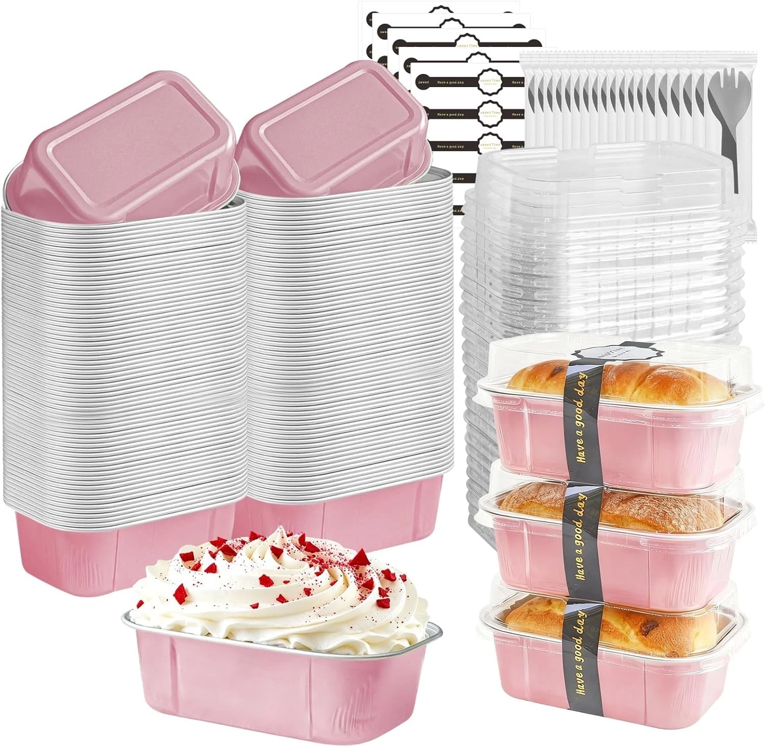 mini loaf pans W/ lids & spoons 50 Pack,5.5 oz Rectangle mini individual cake