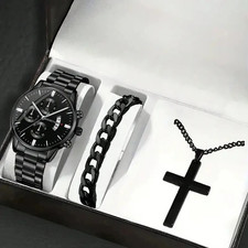 Men's Luxury Stainless Steel Watch Set with Bracelet and Necklace - 3 Pieces