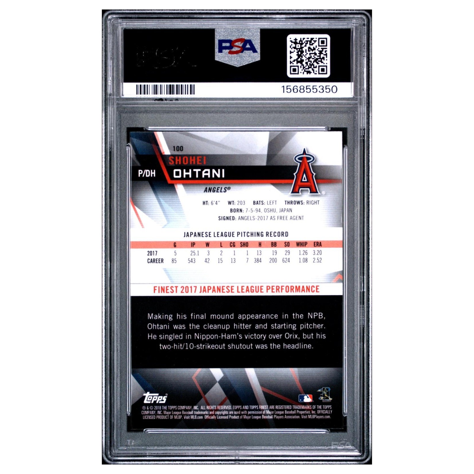 Shohei Ohtani Rookie #100 PSA 9.0 2018 Finest Baseball Card MLB view 2