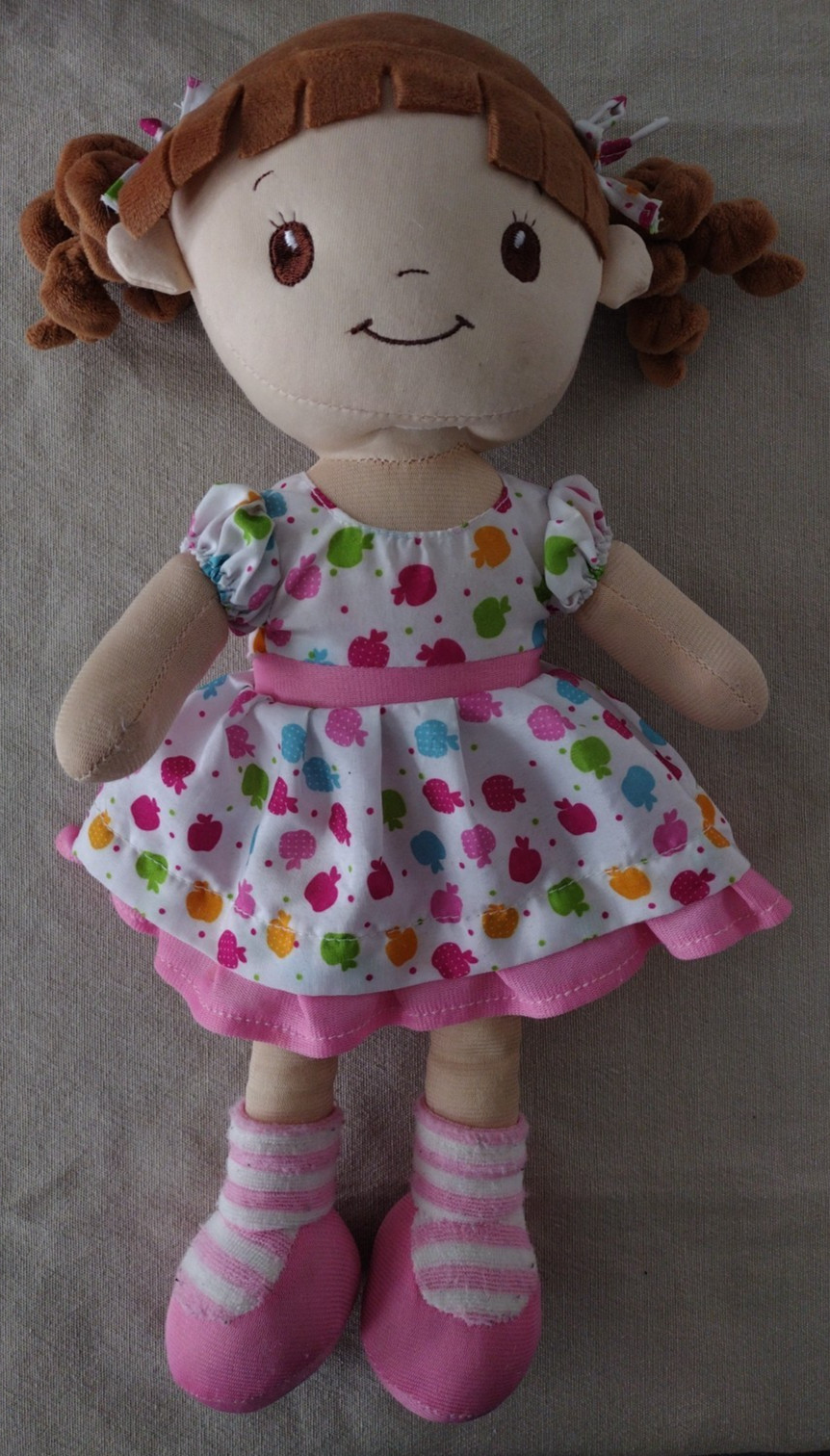 Linzy Toys Girl Doll Plush Brown Pigtails Pink Apple Dress 15” Stuffed Lovey