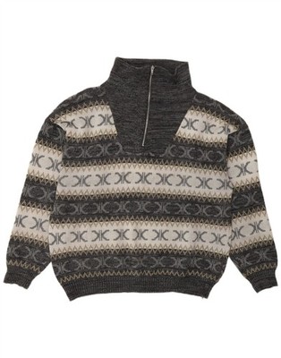 VINTAGE Herren Zip Neck Pullover Sweater Large Grau Fair Isle Acryl AU20