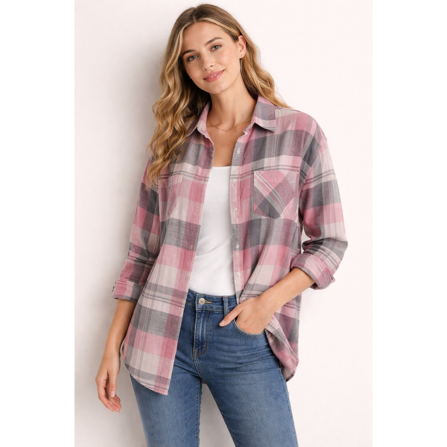 Womens Large Pink Gray Plaid Button Down Shirt Long Sleeve Flannel