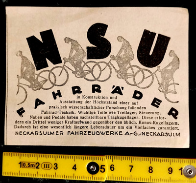 old original Newspaper/Advertising 1925/30, NSU Bicycle, Fahrzeugwerke Neckarsulm