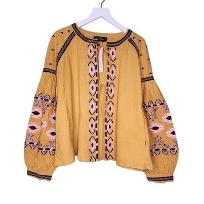RD+Koko Mustard Yellow Embroidered Boho Tie Front Balloon Sleeve Top Pockets PM
