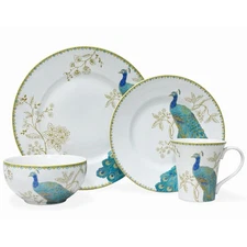 222 Fifth Majestic Peacock Garden Blue & Gold 16 Piece Dinnerware Set for 4 New