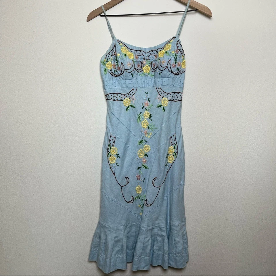 Y2K Sue Wong женщин льняное платье 4 Baby синий цветочный вышитый сарафан коттедж - Изображение 2 из 4