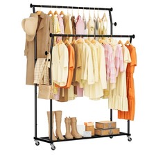 Double Rods Clothes Rack, Rolling Clothing Rack for Hanging Clothes with Hook...