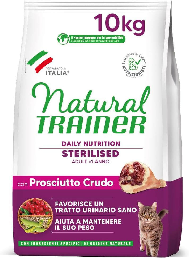Cibo Gatti Sterilizzati Natural Trainer Prosciutto e Piselli 10 Kg