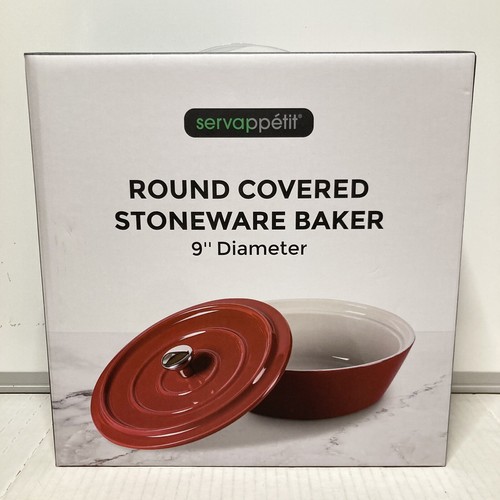 Servappetit Red Round Covered Stoneware Baker with Lid 9" Diameter Baking Dish - Picture 3 of 6