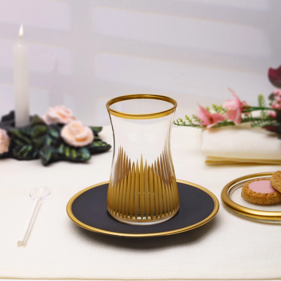 Juego de té turco, juego de vasos y platos de té Pasabahce (juego de 6), 12 piezas, dorado Foto 4 de 4