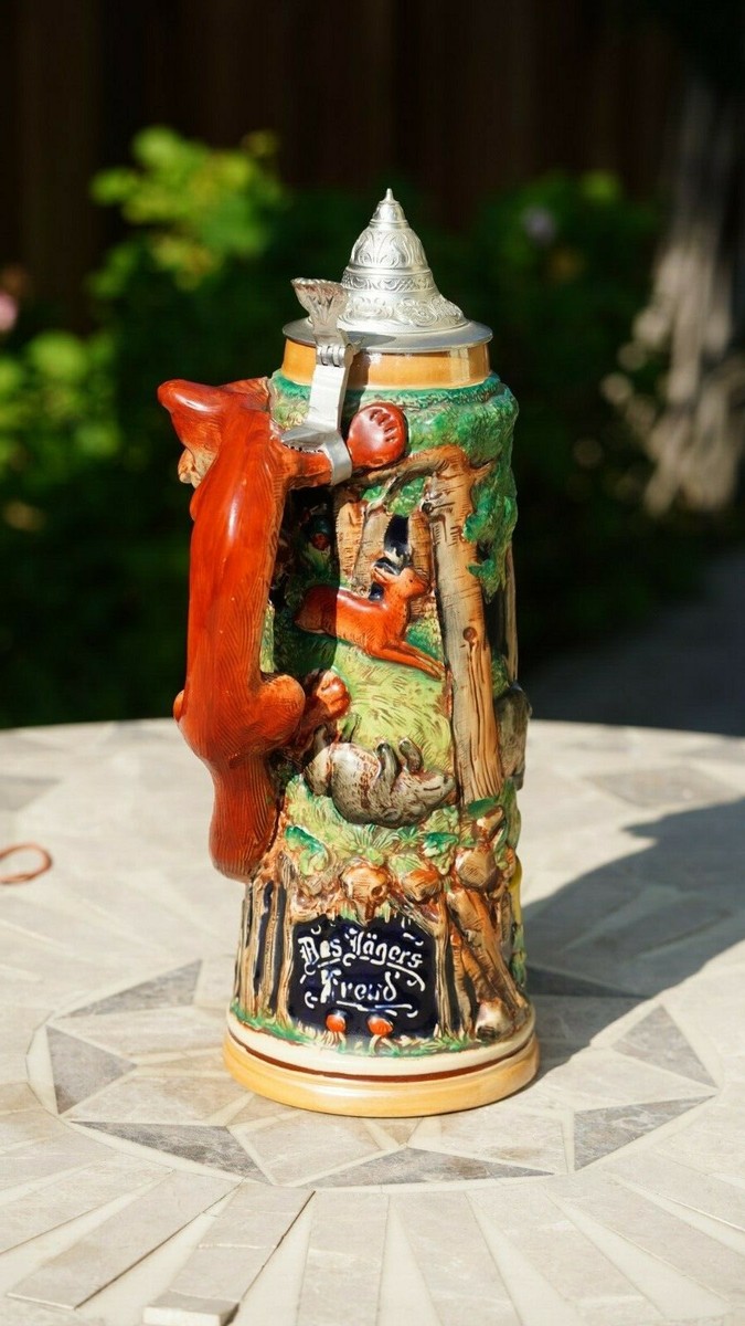 Rare Vintage German Beer Stein, Fox Handle 