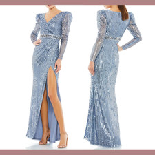 NWT $598 Mac Duggal [ 16 ] Sequin Puff Sleeve Surplice Gown in Slate Blue #Q461