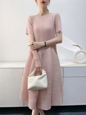 Spring Summer Comfort Women Elegant Short Sleeve Leisure Simple Pleated Dress