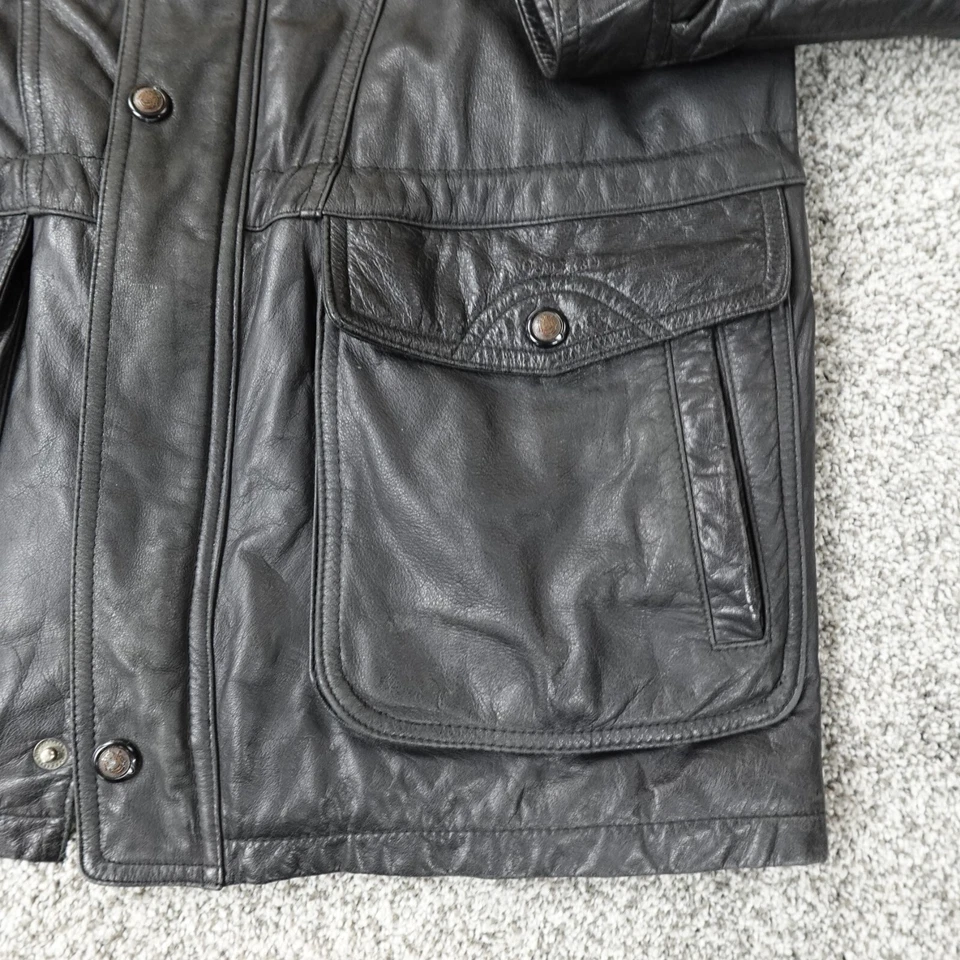 VTG Members Only Jacket Mens S Black Leather Hunting Bird Long Coat Trench Parka - Image 4 of 4