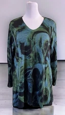 Jess & Jane Blue Green Brush Stroke Swirl V Neck Tunic Art to Wear Boho PM