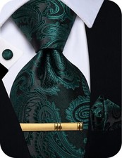 Paisley Tie for Men Silk Green Tie and Pocket Square Cufflinks Set Wedding Bu...