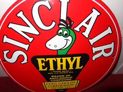 VINTAGE 11 3/4 in SINCLAIR ETHYL GASOLINE DINOSAUR ADV. SIGN HEAVY METAL # S 189
