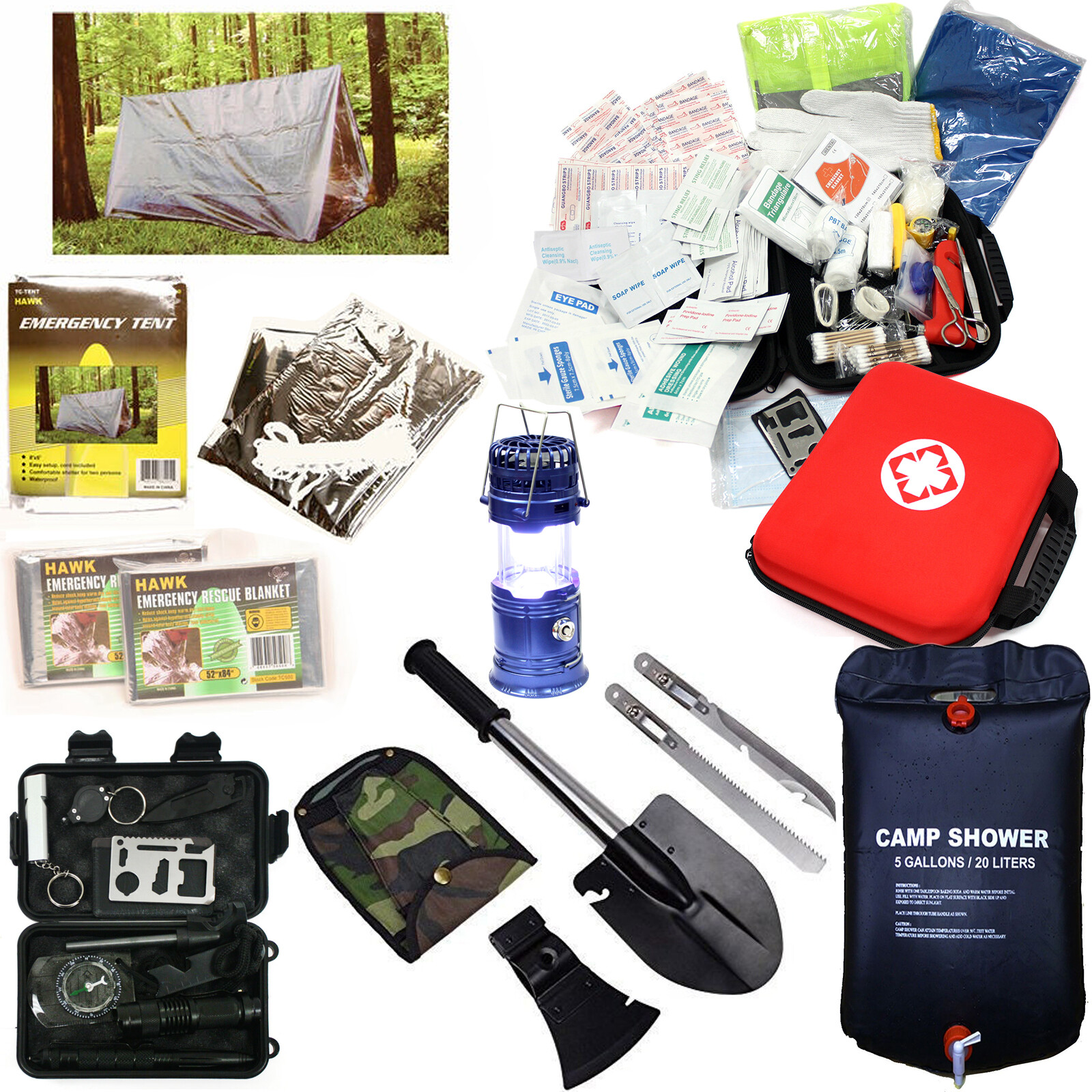 Emergency Survival Kit First Aid Bag Solar Lamp Shower Tent Blanket Shovel Axe