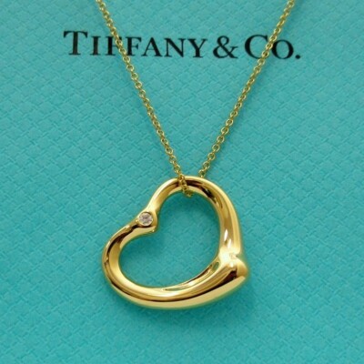 TIFFANY & Co. Elsa Peretti 18K Gold 2 Diamond 22mm Open Heart