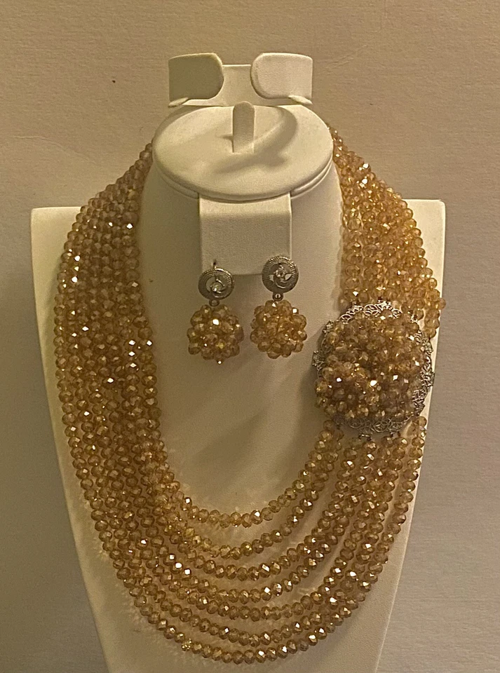 Conjunto de Joyería Africana Cristal Dorado Cuentas Plata, Con Pendientes Regalo Único