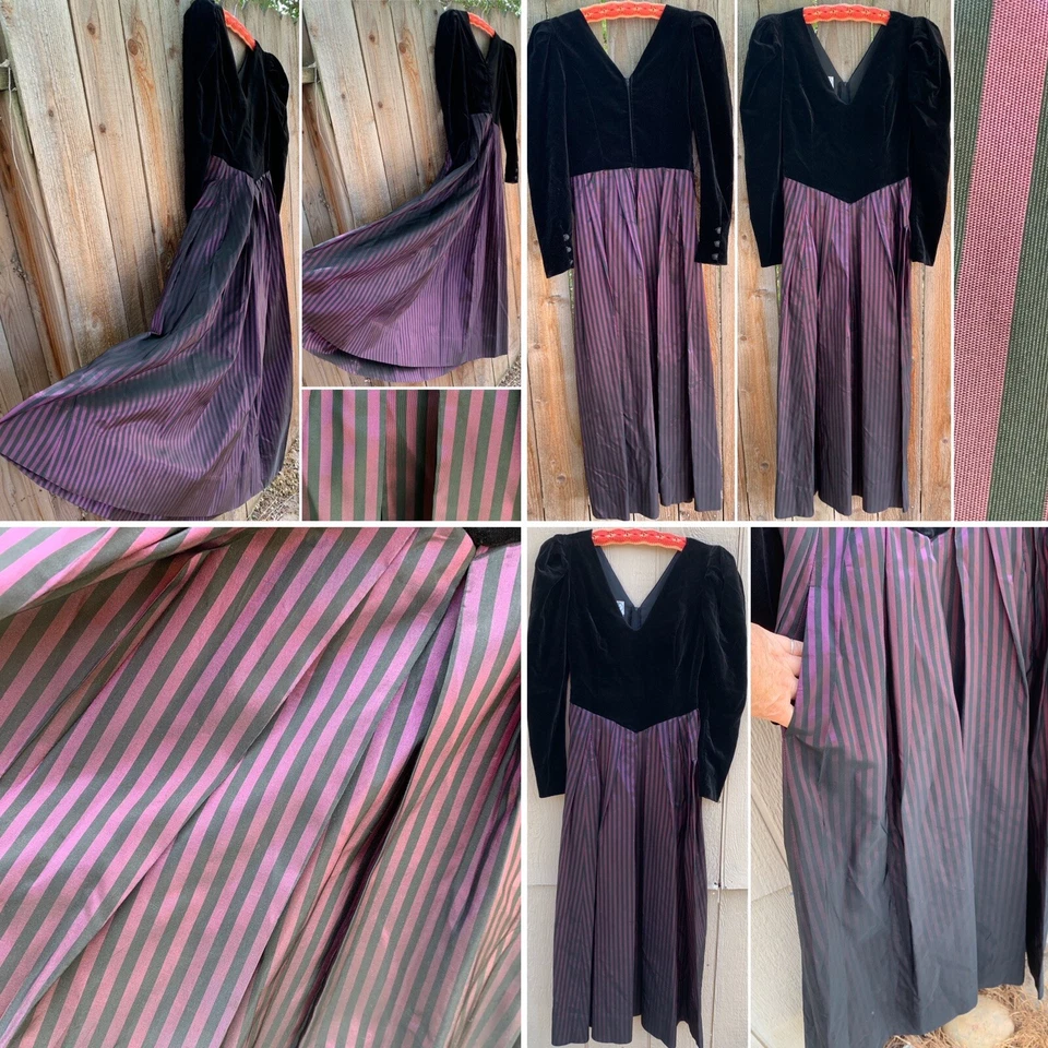 Vintage Laura Ashley Dress Black Velvet & Striped Taffeta 80s Prom 1980s Size 10 - Image 3 of 4