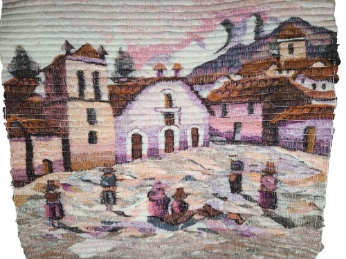 Peruvian Peru Wool Tapestry Hand Woven Coiled Village Wall Hanging Apx 3' X 3' - Picture 2 of 19