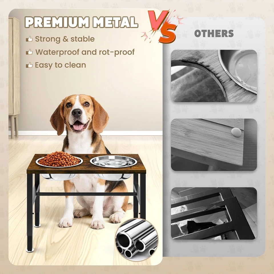 Cuencos Elevados para Perros, 3 Altura Ajustable Elevado Perro Agua Comida Cuenco Madera Metal Foto 4 de 4