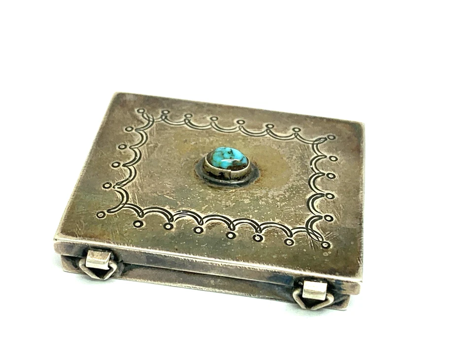 Caja Holandesa Antigua Pastillero Plata Baratija Tabaco Turquesa Grabado 1.8x1.5"" Foto 3 de 4