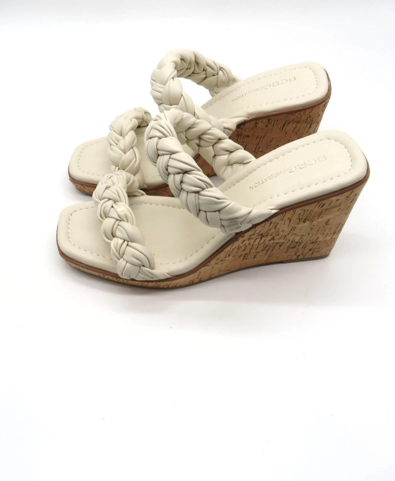 BCBG Generation 女式白色编织楔形鞋跟凉鞋 7.5 码软木鞋底新品 — 第 3/4 张图片