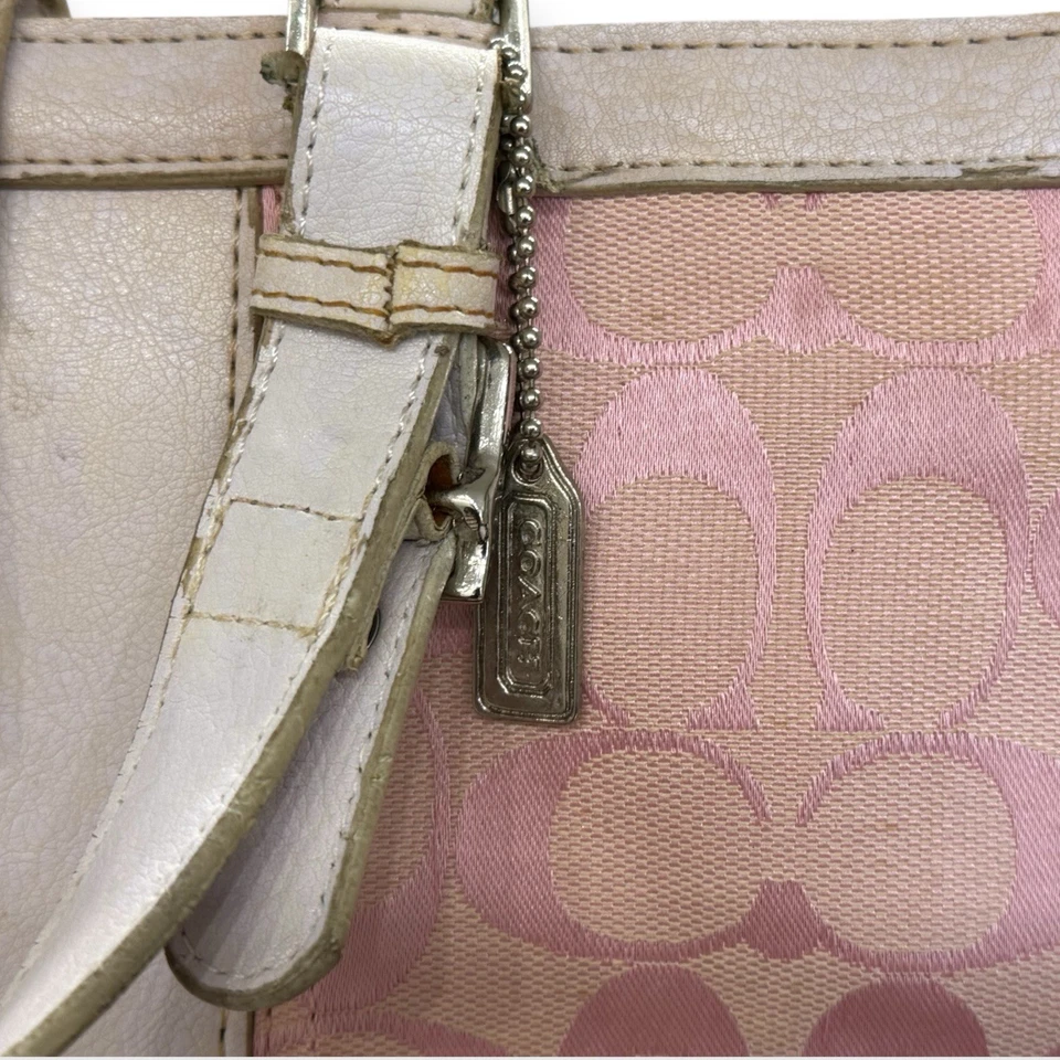 Bolso de hombro Coach Signature rosa a rayas 7056 de cuero rosa/blanco Foto 3 de 4