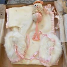 VTG I. Magnin Co. Baby Girl Gift Set NEW Rose Embroider Wool Robe Shoes Rattle