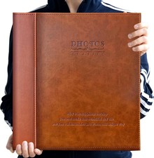 Magnetic Self-Stick Photo Album, Family Leather Cover, Hand Made Brown
